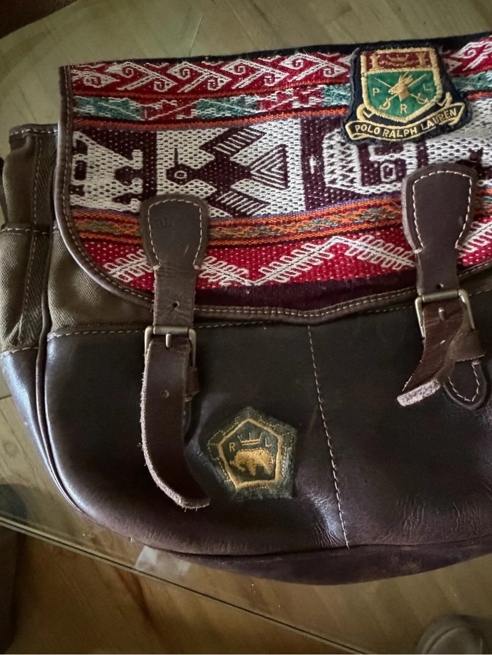 Ralph Lauren Leather Crossbody Saddle Bag with Woven Red Accent